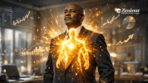 Empresário em ambiente corporativo irradiando energia dourada que simboliza espírito empreendedor, com gráficos de crescimento e indicadores de negócios ao fundo.