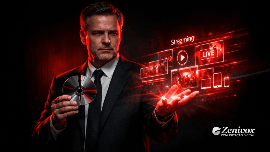 Executivo segurando um DVD quebrado enquanto projeta telas digitais de streaming, representando a estratégia de crescimento da Netflix: do DVD ao streaming e a evolução do modelo físico para o digital.