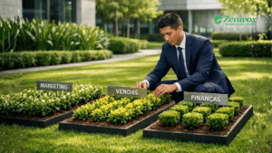 Gestor administrativo organizando a rotina administrativa da empresa ao alinhar áreas de marketing, vendas e finanças para melhorar processos e eficiência operacional.