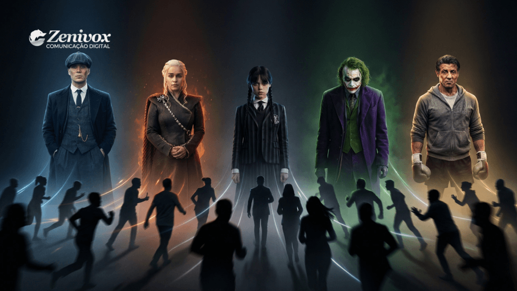 Ilustração cinematográfica representando marketing de fidelização, com personagens icônicos alinhados ao fundo enquanto pessoas são atraídas em sua direção, simbolizando conexão, lealdade e influência de marca.