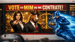 Ilustração criativa representando estratégias de mídia paga com anúncio chamativo em um ônibus e personagens disputando atenção do público.