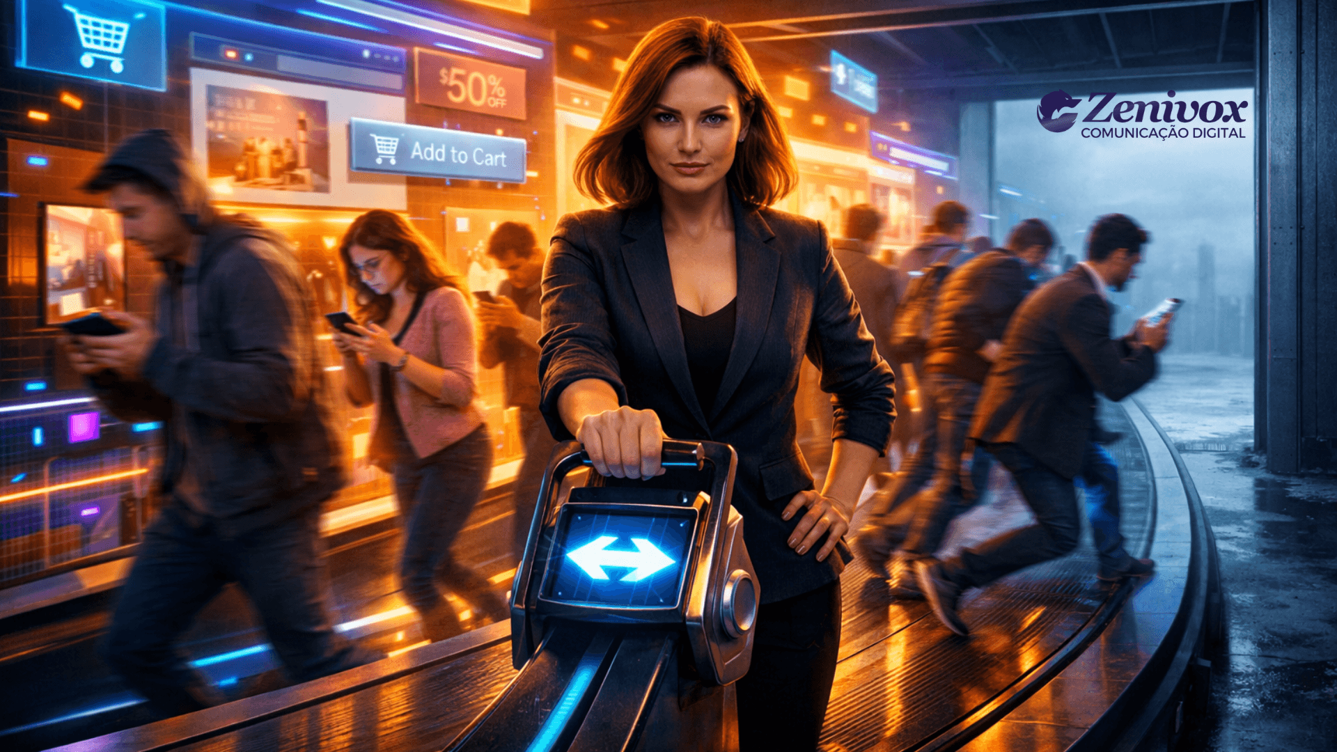 Mulher controlando fluxo de pessoas em ambiente digital futurista, simbolizando estratégia de remarketing para recuperar clientes e aumentar conversões