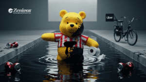 Ursinho amarelo vestindo camisa do Sunderland saindo de uma piscina de óleo enquanto segura papel higiênico, cena simbólica sobre impacto ambiental usada em artigo sobre marketing ambiental.