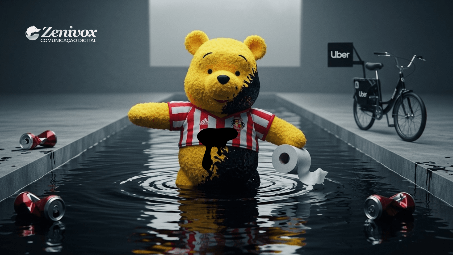 Ursinho amarelo vestindo camisa do Sunderland saindo de uma piscina de óleo enquanto segura papel higiênico, cena simbólica sobre impacto ambiental usada em artigo sobre marketing ambiental.