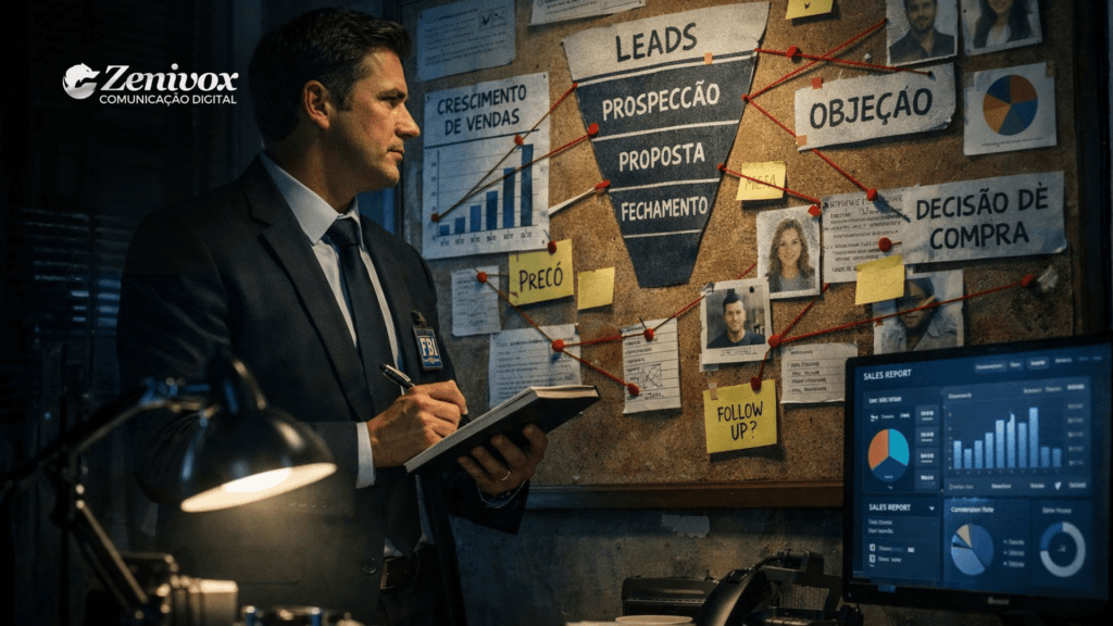 Negociador de elite analisando um quadro estratégico de vendas com funil, objeções e decisão de compra, inspirado nas técnicas de negociação do FBI aplicadas a vendas.