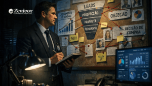 Negociador de elite analisando um quadro estratégico de vendas com funil, objeções e decisão de compra, inspirado nas técnicas de negociação do FBI aplicadas a vendas.