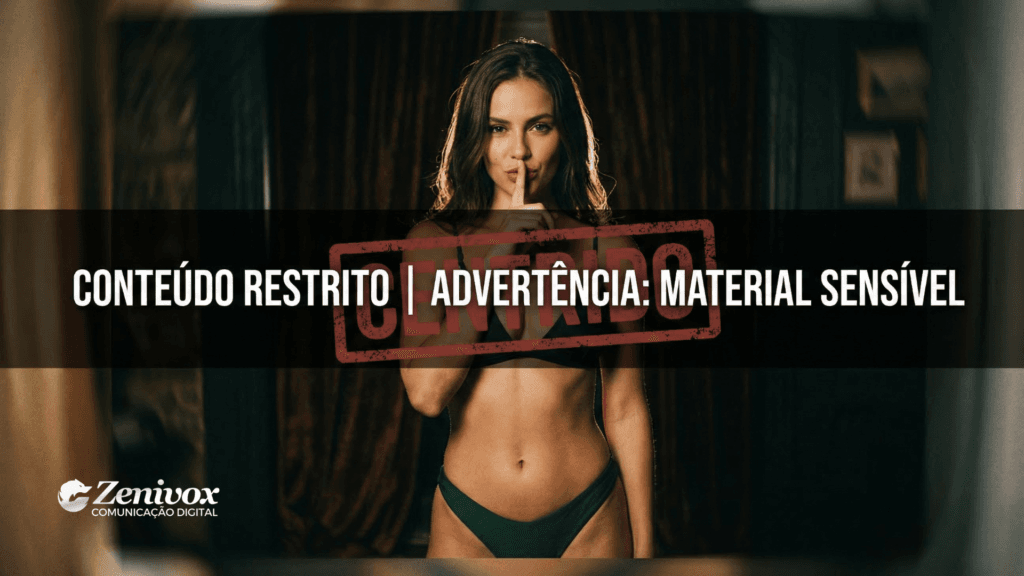 Mulher em traje sensual fazendo gesto de silêncio com dedo nos lábios, com aviso sobreposto de “conteúdo restrito” e carimbo de “censurado”, ilustrando propaganda proibida +18 e restrições de mídia