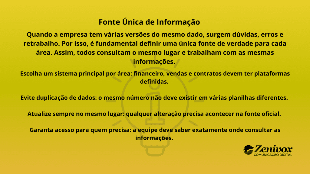 Infográfico explicando como centralizar as informações na empresa para evitar retrabalho e garantir uma única fonte de dados confiável.