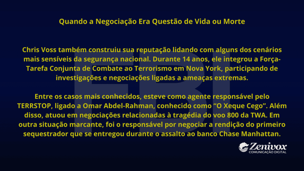 Slide explicativo sobre Chris Voss, FBI e sua experiência em negociações de vida ou morte durante operações antiterrorismo e crises de reféns.
