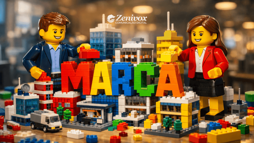 Construção de Marca da LEGO: dois profissionais em estilo LEGO construindo uma cidade e a palavra “Marca” com blocos coloridos, simbolizando estratégia e crescimento de marca.