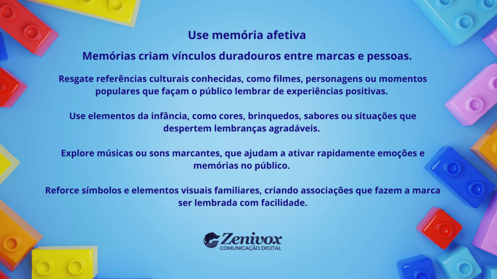 Infográfico sobre Construção de Marca explicando como usar memória afetiva para criar conexão emocional entre marcas e público.