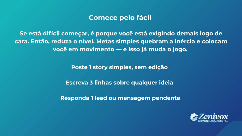 Slide com dicas práticas de micro vitória para começar tarefas simples e vencer a procrastinação no dia a dia