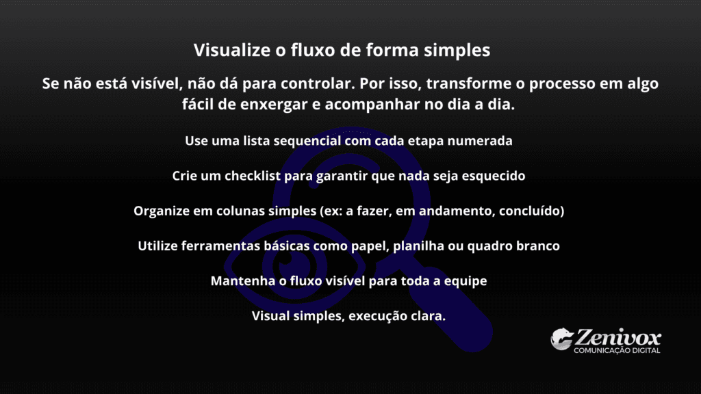 Ilustração com dicas práticas de organização e checklist — exemplo visual de como mapear um processo de forma simples e estruturada