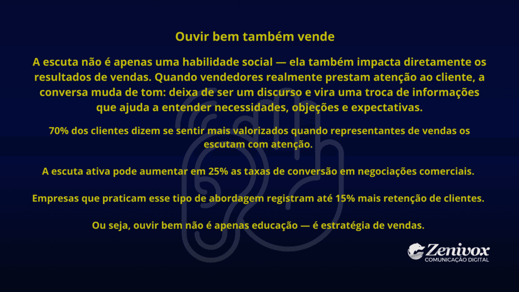 Slide sobre escuta ativa em vendas mostrando como a habilidade de ouvir, usada por um negociador de elite, aumenta conversão, valorização do cliente e retenção.