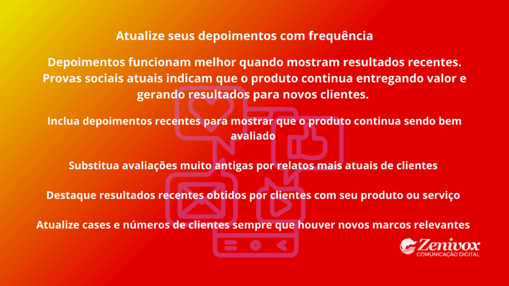 Arte informativa sobre provas sociais destacando a importância de atualizar depoimentos de clientes para fortalecer credibilidade e confiança nas decisões de compra.