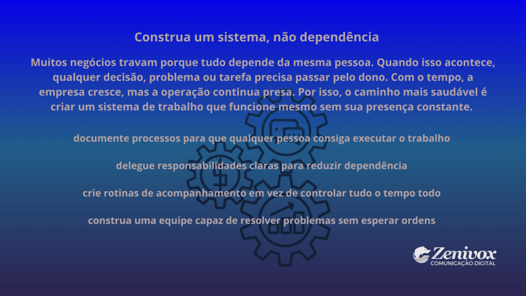 Ilustração estratégica sobre gestão e liderança mostrando engrenagens e orientações para estruturar processos e construir um sistema de trabalho que funcione