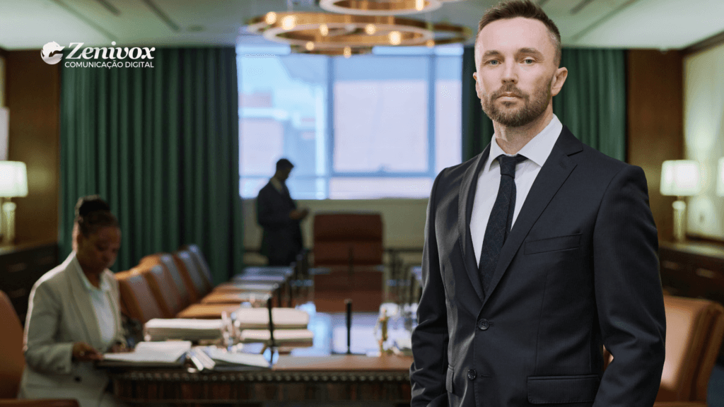 Dono de empresa em pé em uma sala de reuniões corporativa, observando a equipe ao fundo enquanto representa liderança, tomada de decisões e responsabilidade na gestão do negócio.