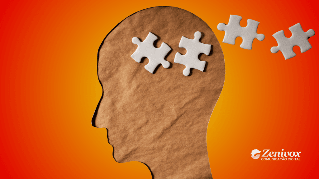 Ilustração conceitual de uma cabeça humana formada em papel com peças de quebra-cabeça entrando no cérebro, representando como gatilhos de vendas influenciam decisões e ativam processos mentais de compra.