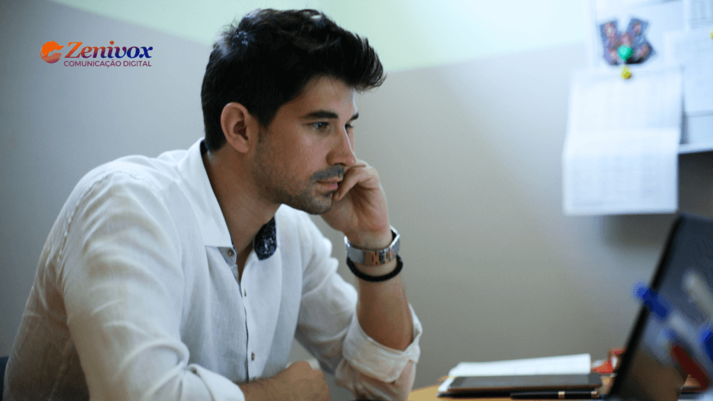 Empreendedor nato concentrado analisando dados no computador em ambiente de escritório, demonstrando foco e tomada de decisão sob pressão.