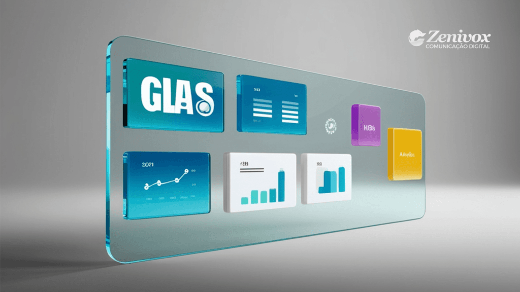 Interface visual de dashboard com múltiplos painéis de gráficos, indicadores e métricas exibidos em uma tela moderna e translúcida, representando análise de dados e monitoramento de desempenho empresarial.