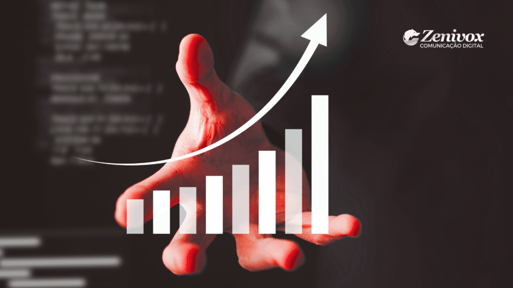 Mão projetando gráfico de barras em alta com seta ascendente, simbolizando estratégia de crescimento orientada por dados e expansão sustentável.