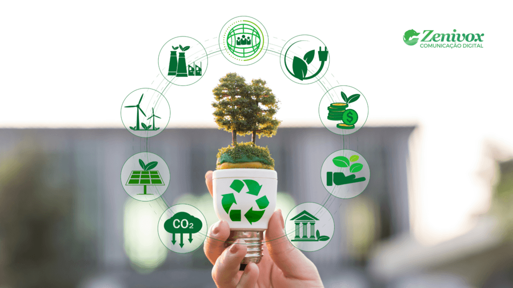 Mão segurando uma lâmpada com símbolo de reciclagem e uma pequena árvore crescendo, cercada por ícones de sustentabilidade e energia limpa representando conceitos de marketing ambiental.
