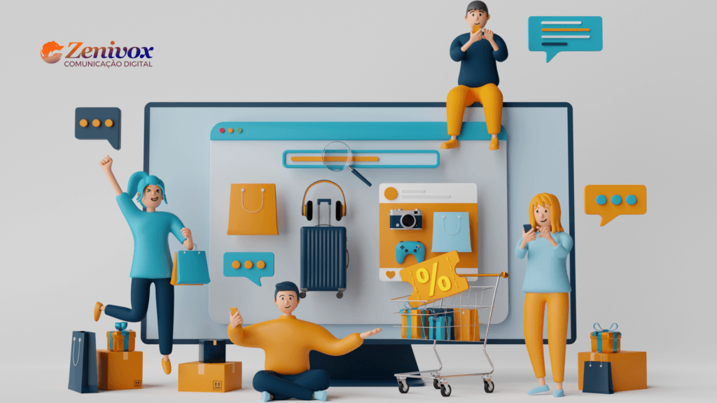 Ilustração representando presença online com pessoas interagindo em um site de compras exibido em um computador, mostrando como marcas constroem presença online e relacionamento com usuários na internet.