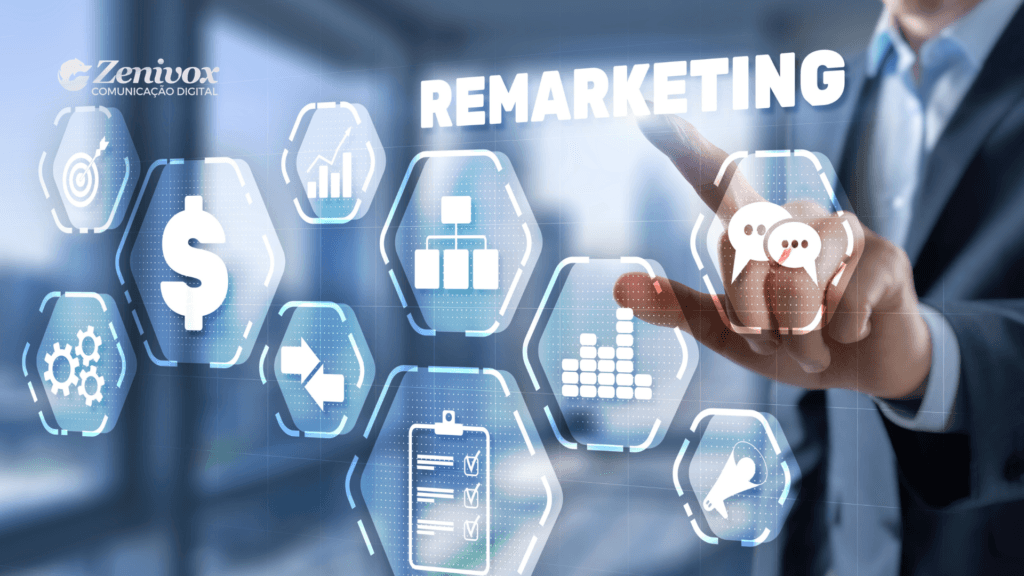 Interface digital com gráficos, funil de vendas e interação em tela representando estratégias de remarketing para recuperar clientes e aumentar conversões