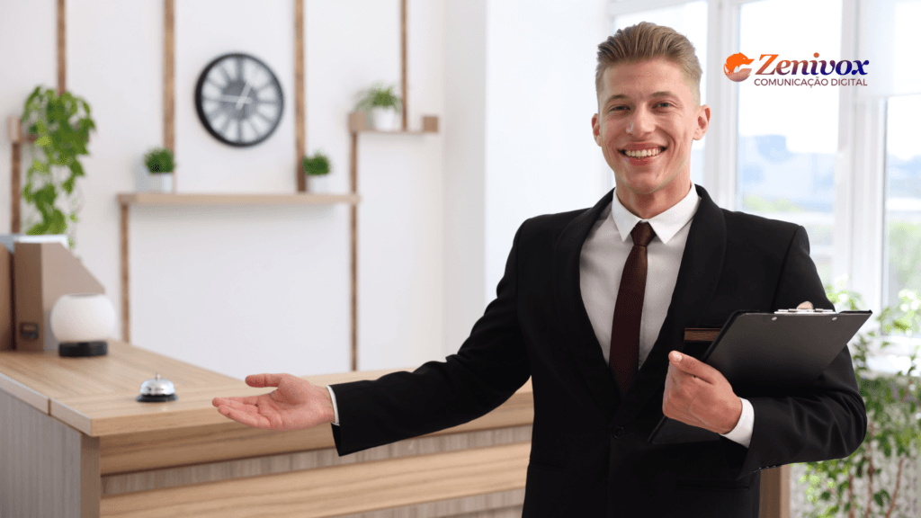 Bom vendedor profissional sorrindo em ambiente corporativo, recebendo cliente com postura confiante e abordagem estratégica