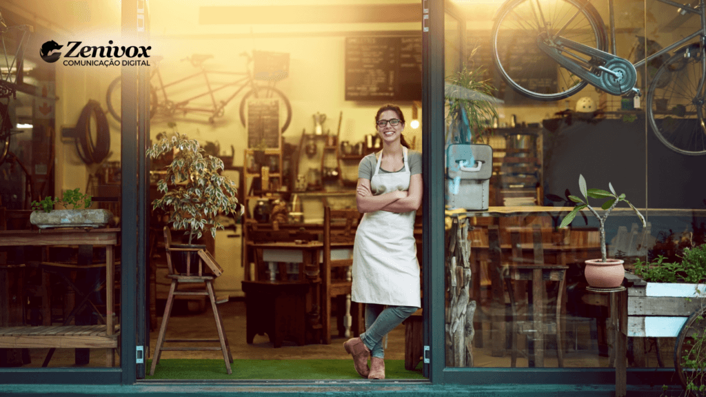 Mulher proprietária sorrindo na entrada de sua loja ou oficina, representando o espírito empreendedor de quem cria e desenvolve o próprio negócio.
