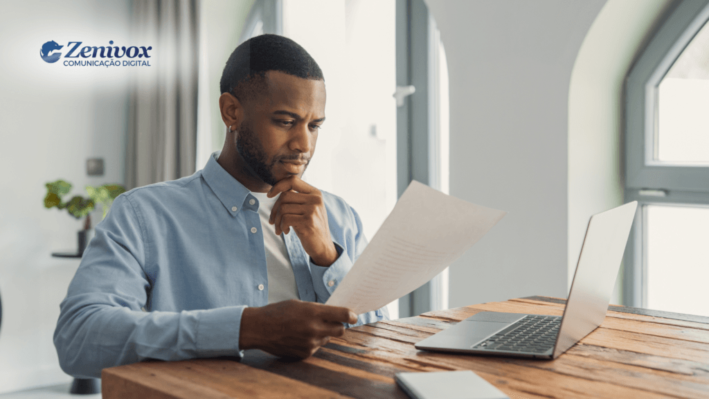 Dono de empresa analisando documentos e relatórios no escritório ao lado de um laptop, refletindo sobre decisões e tarefas de gestão no negócio.