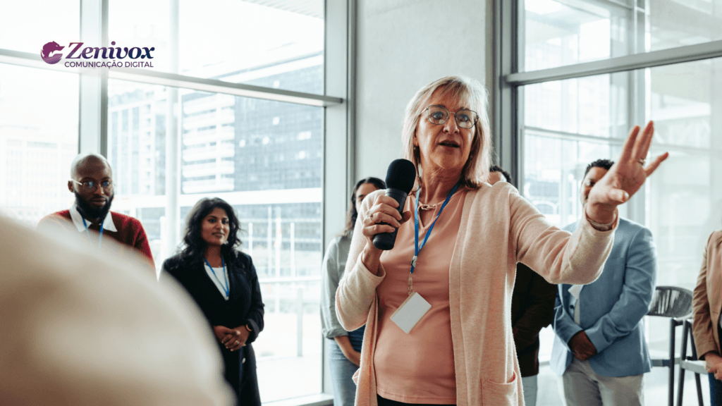 Dono de empresa conduzindo uma reunião com a equipe, falando ao microfone e orientando decisões, representando liderança ativa dentro do ambiente corporativo.