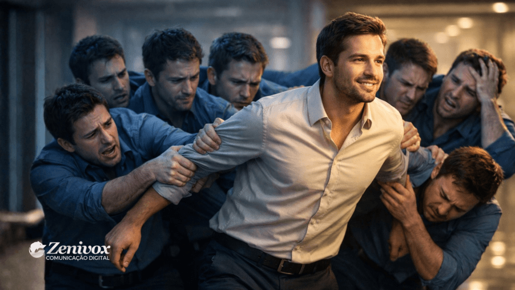 Empreendedor iniciante avançando confiante enquanto versões dele mesmo o puxam para trás, representando a síndrome do impostor no empreendedor iniciante