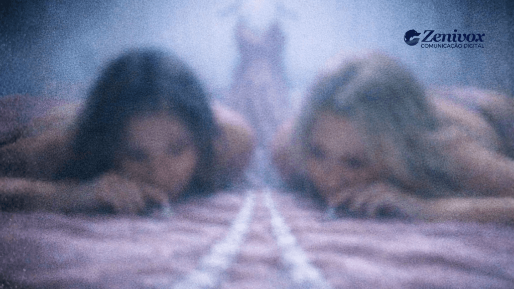 Duas mulheres em cena desfocada simulando comportamento sugestivo com linhas brancas sobre superfície, imagem granulada representando publicidade censurada em campanhas controversas