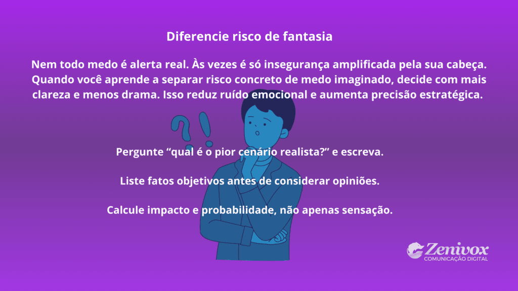 Ilustração de empreendedor nato refletindo sobre risco real e medo imaginado, com orientações estratégicas ao fundo.