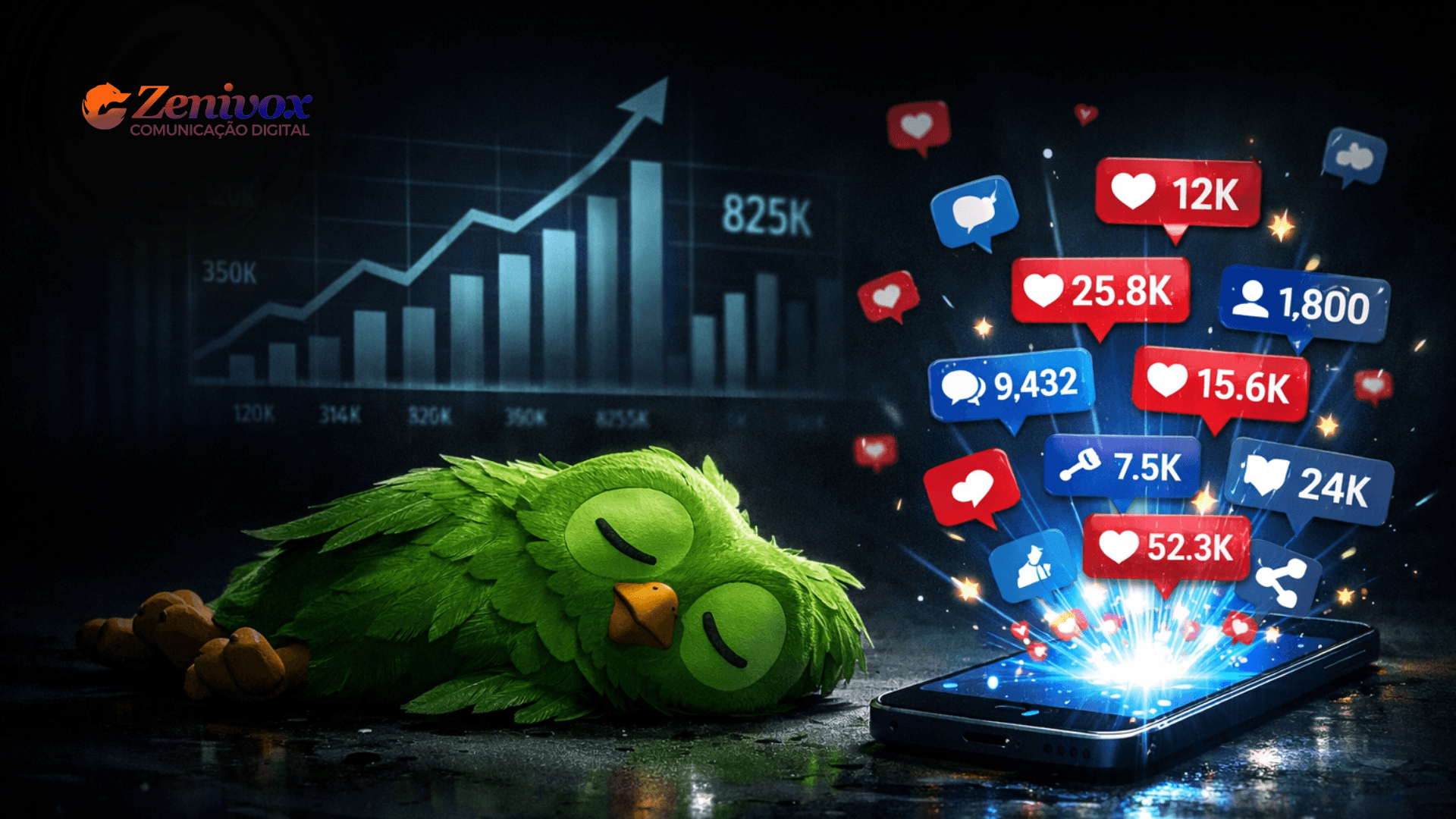 Presença online do Duolingo ilustrada pela morte simbólica da coruja Duo enquanto interações explodem nas redes sociais, mostrando como estratégias virais podem transformar a presença online de uma marca.