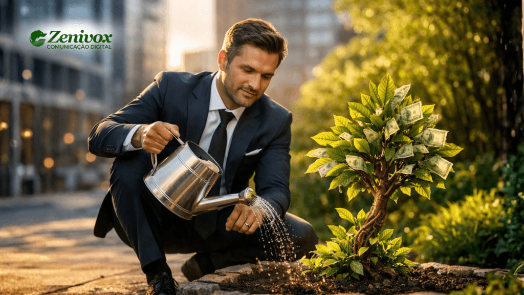 Empresário regando planta que cresce com dinheiro simbolizando a bioeconomia como estratégia sustentável que transforma recursos naturais em valor econômico