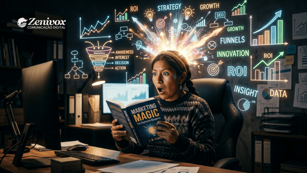 Pessoa lendo livros de marketing com expressão de surpresa enquanto gráficos, funil de vendas e conceitos estratégicos explodem visualmente ao redor, representando aprendizado avançado.