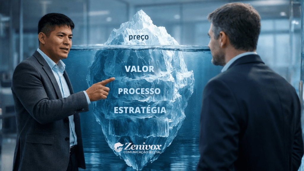 Planejamento de vendas com metáfora do iceberg mostrando preço na superfície e valor, processo e estratégia abaixo da água