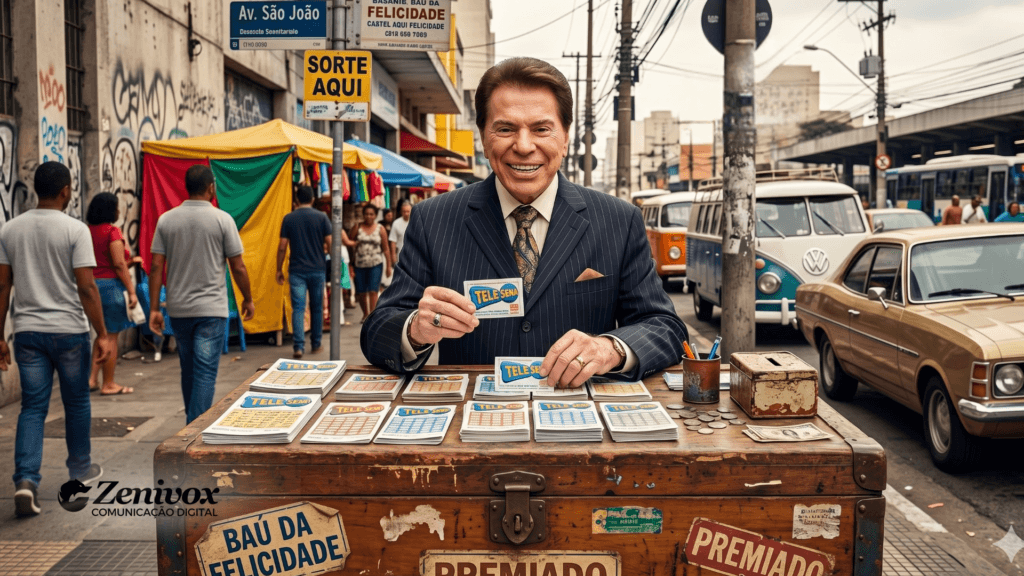 Silvio Santos sorrindo enquanto vende Tele Sena em banca de rua, representando o melhor vendedor com carisma, presença e domínio da atenção do público