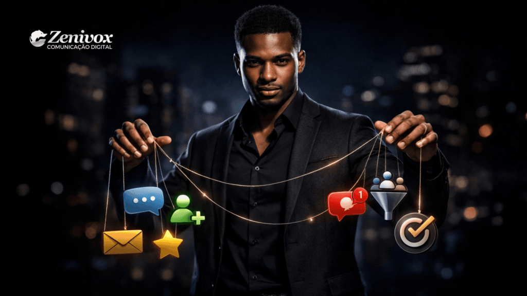 Vendas diretas: vendedor controlando leads como marionetes, representando mensagens, clientes e conversão em ambiente digital noturno