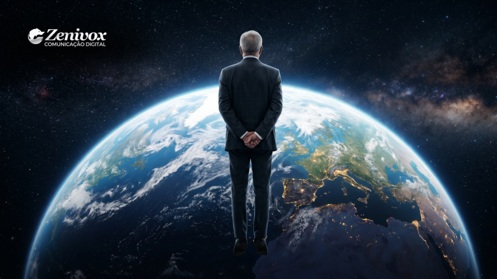 Homem de terno observando a Terra do espaço, representando Marketing global e o uso da emoção pela FIFA para conectar marcas e públicos no mundo inteiro.