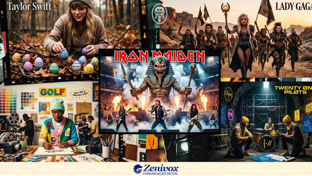 Colagem artística com Taylor Swift, Lady Gaga, Iron Maiden, Tyler The Creator e Twenty One Pilots representando estratégias de Marketing de Nicho e comunidades de fãs extremamente engajadas.
