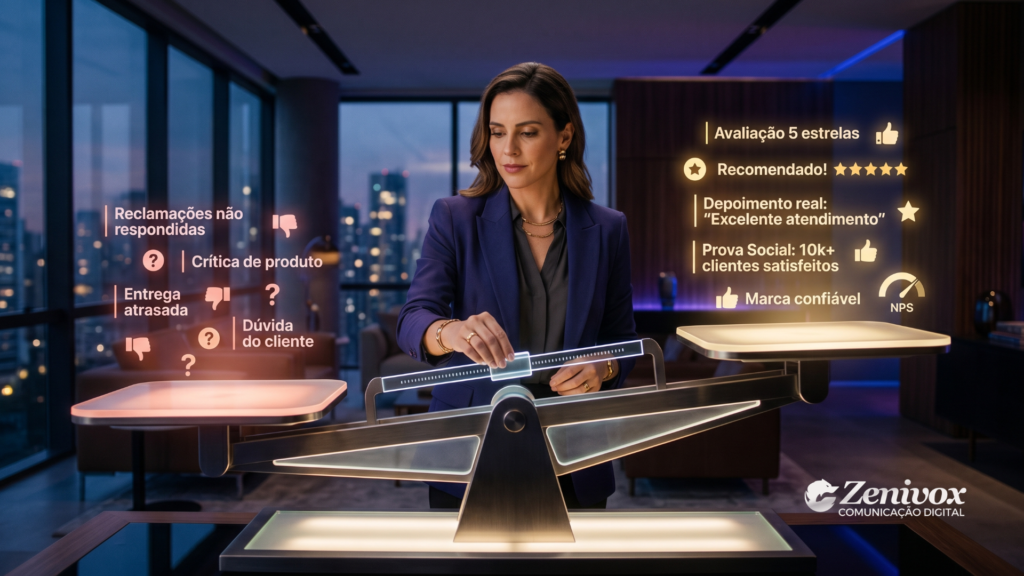 Imagem conceitual sobre marketing de reputação, mostrando uma empresária equilibrando reclamações, dúvidas de clientes e avaliações positivas na internet para fortalecer a marca online.