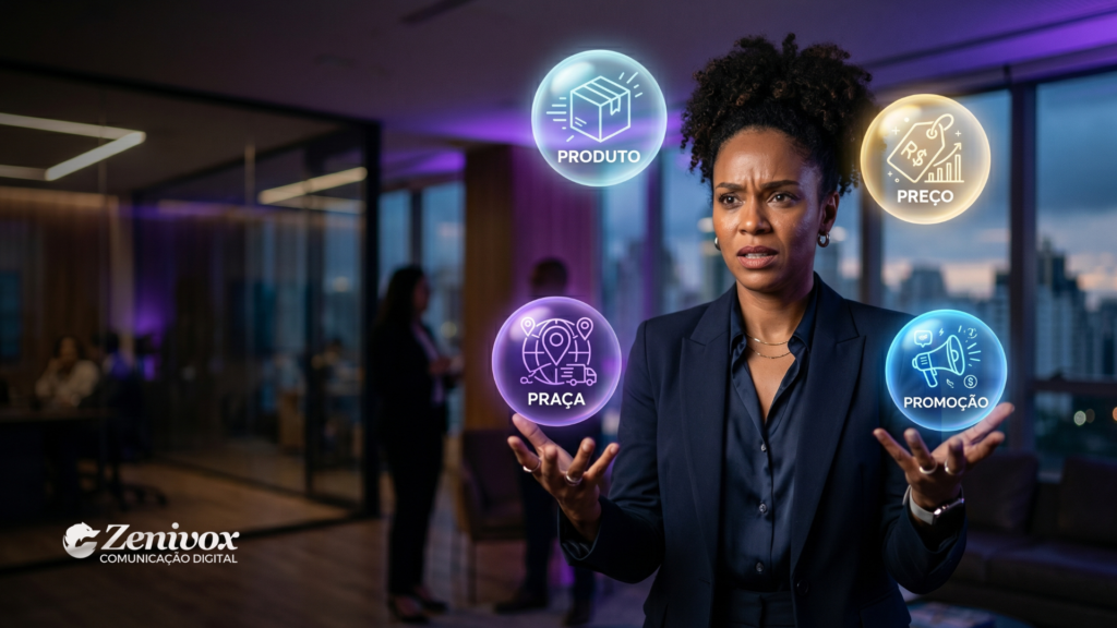 Empreendedora fazendo malabarismo com os 4Ps do mix de marketing — produto, preço, praça e promoção — enquanto tenta atrair clientes certos para o negócio.