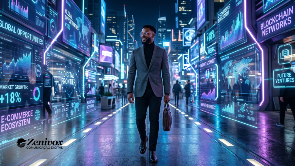 Empreendedor caminhando em uma cidade futurista cercada por painéis digitais, gráficos e dados sobre oportunidades globais, representando negócios digitais e escolhas estratégicas conscientes.