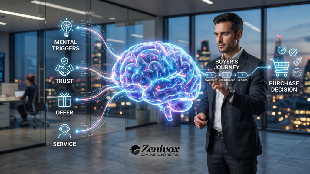 Imagem conceitual sobre Neurovendas, mostrando um cérebro digital conectado a gatilhos mentais, confiança, oferta, atendimento, jornada do comprador e decisão de compra.