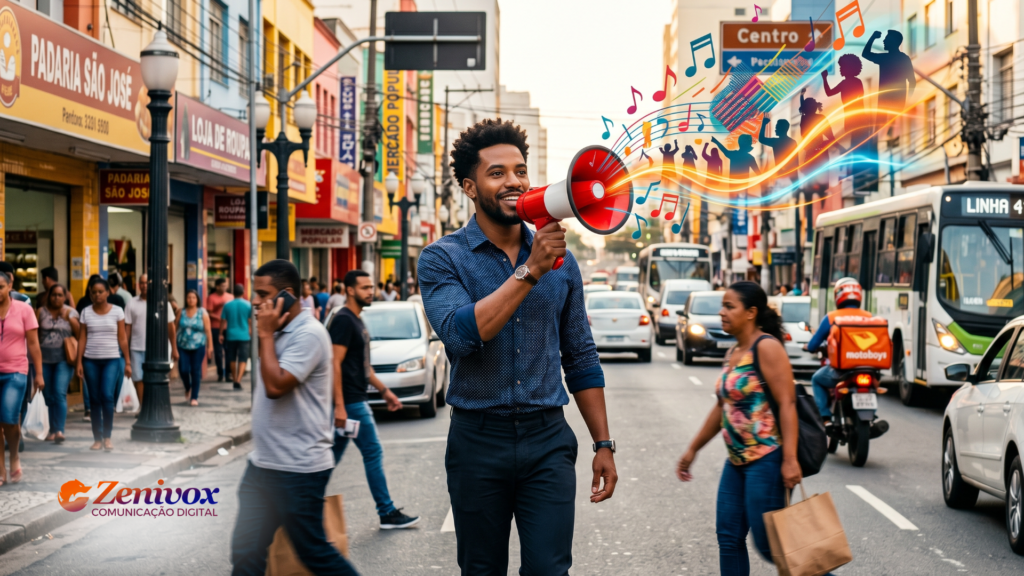 Vendedor de rua usando megafone para chamar atenção em uma rua brasileira movimentada, com notas musicais e silhuetas saindo do som.