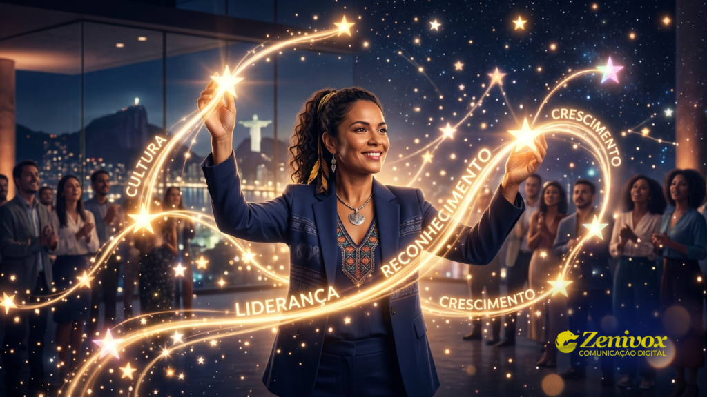 Ilustração representando gestão de talentos em uma empresa. Uma líder conduz estrelas brilhantes conectadas por trilhas de luz, simbolizando cultura organizacional, liderança, reconhecimento e crescimento profissional. Ao fundo, colaboradores observam a trajetória de desenvolvimento, reforçando conceitos de identificação, capacitação e retenção de talentos.